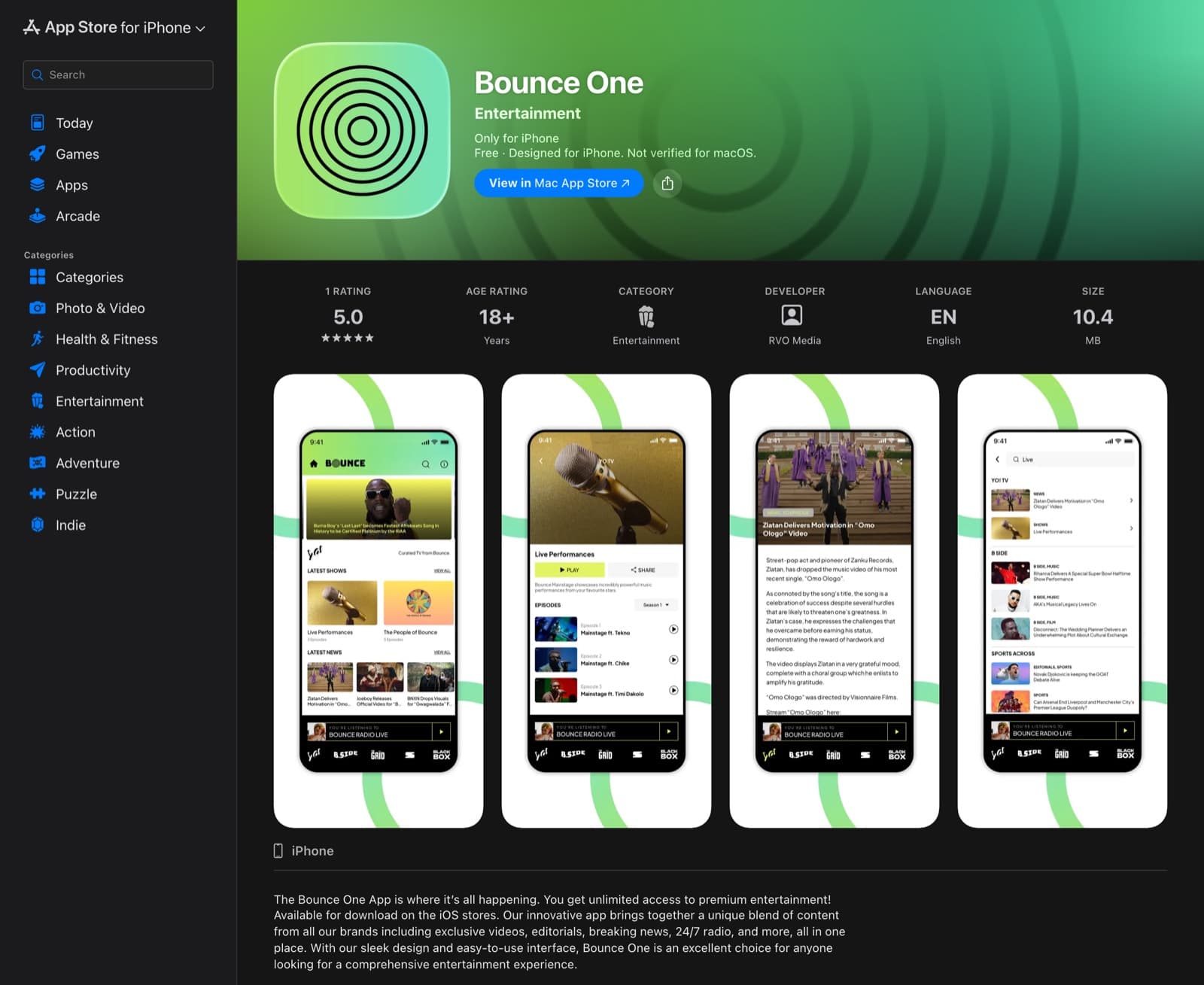 The Bounce One app on the App Store